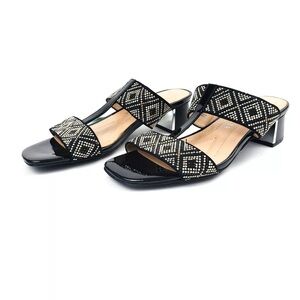 Andrew Geller Black Beaded Two-Band Block Heel Sandals